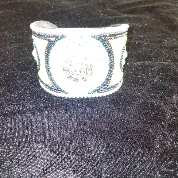 Iris Apfel & Bajalia Beaded Turquoise Yellow & Black Embellished Cuff Bracelet - Picture 8 of 11